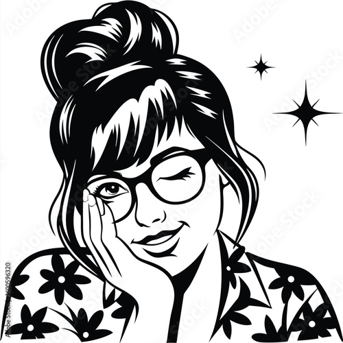 Smiling woman with a floral shirt, wearing glasses, is winking at us