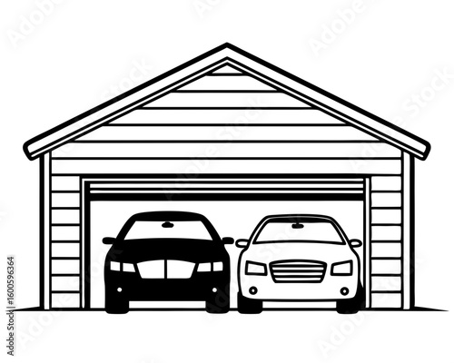 Two cars parked inside a garage silhouette