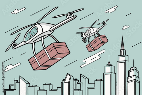 Two delivery drones carrying packages fly above a cityscape with clouds in a light blue sky scene