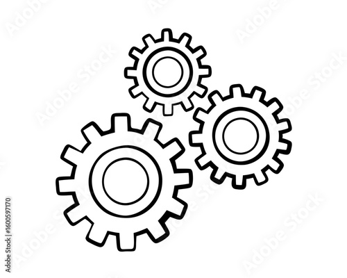Three interlocking gears in a simple black and white silhouette