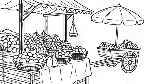 Outdoor fruit market stall with cart and umbrella fruit stall bananas