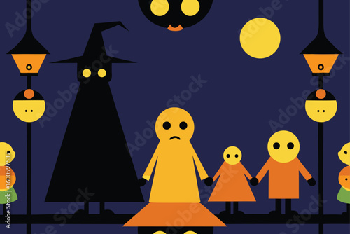 a group of trick or treaters under streetlights  p.eps