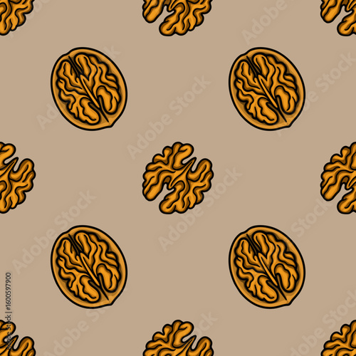 Seamless vector pattern of halved walnuts and walnut halves, featuring a stylized illustration with warm orange and brown tones on a neutral background, ideal for autumnal designs and food-related...
