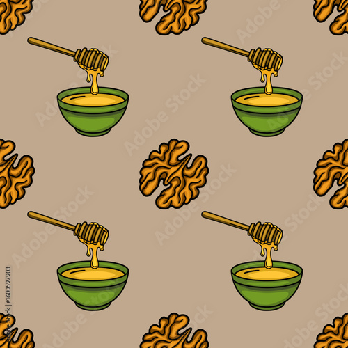 Seamless vector pattern of honey dripping from a wooden dipper into a green bowl and walnuts on a beige background, creating a rustic and natural design.