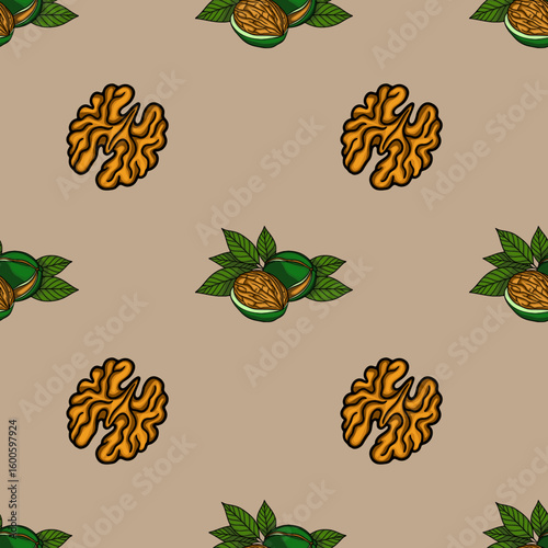 Seamless vector pattern of walnuts and leaves in a stylized design, featuring both whole nuts and shelled halves, creating a unique and visually appealing texture.