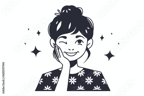 Winking brunette woman with floral blouse and hand on her cheek smiles brightly