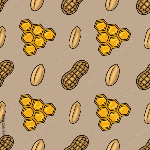 Seamless vector pattern with peanuts in shell and honeycomb, a cheerful illustration in warm brown and golden yellow tones, perfect for autumnal designs.