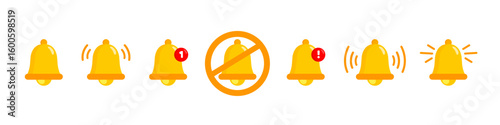 Bell icon. Notification call sign. Alarm alert vector set. Ringing bell sign set. Yellow notification bell ringing icons.