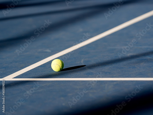 Selective focus. Paddle tennis balls on the surface of a blue paddle tennis court. Sports concept.