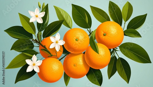 Vibrant oranges with delicate white blossoms and lush green leaves on a soft blue background.