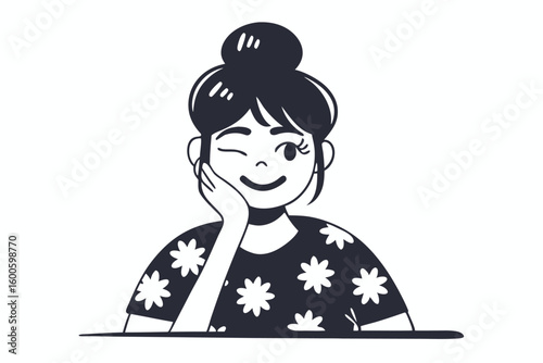 Smiling Asian woman with a bun and floral shirt playfully winks at the viewer