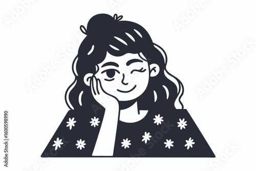 Winking young woman with dark hair rests her cheek in hand smiling playfully