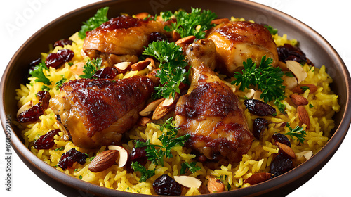 Delicious chicken biryani with garnish isolated on transparent background