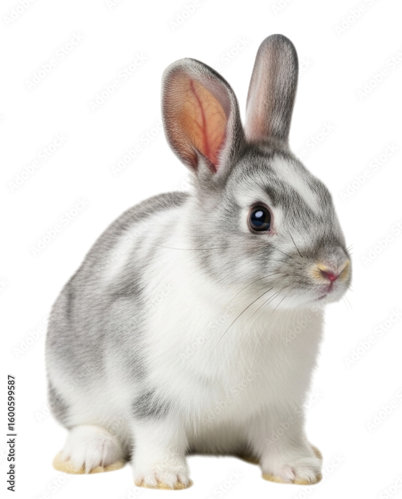 Obraz premium Grey and white rabbit sitting on a white surface cutout isolated on transparent bg, png