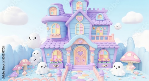 A whimsical pastel house with cute ghosts and mushroom decorations against a dreamy sky scene