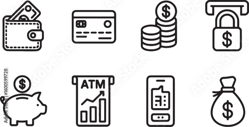 Wallet credit card coins A T M piggy bank phone moneybag stack of coins