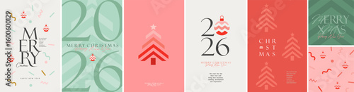 2026. Merry Christmas and Happy New Year! Vector abstract business illustration of geometric Christmas tree, calligraphy, lettering, pattern for poster, corporate greeting card or modern background