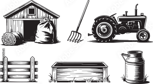 Monochrome Farm Elements Collection Barn Tractor Pitchfork Milk Can Fence and Trough Vector