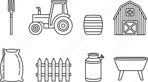 Rural Farm Life Outline Icons Set Fork Tractor Barrel Barn Sack Fence Milk Can Tub