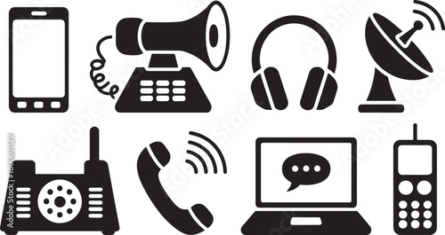 Communication Technology Icons Set Phone, Megaphone, Headphones, Satellite, Laptop, Mobile