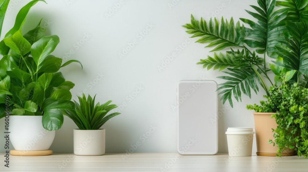 Fototapeta premium White phone and plants on table minimalist blend of technology nature touch