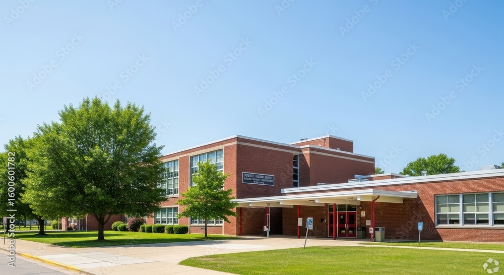 Naklejka premium Brick School Building with Trees and Sunny Sky