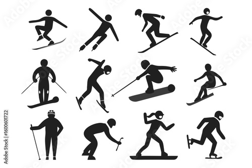 Collection of winter sports icons featuring skiing snowboarding and ice skating athletes