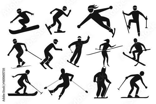 Collection of black silhouette icons representing various winter sports athletes in action