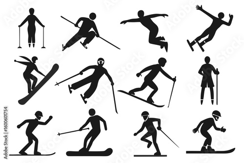 Collection of silhouette icons representing various skiing and snowboarding actions