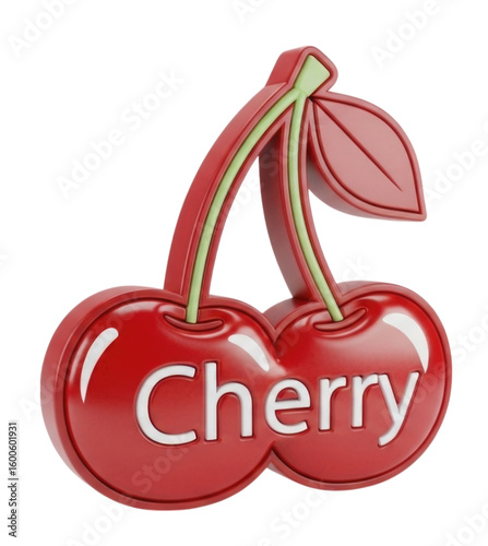 Bright red cherries with the word Cherry placed creatively, cutout isolated on transparent bg, png