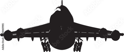 Casualty Evacuation Plane A military aircraft flying low, preparing for personnel or casualty evacuation. Full-length silhouette, black vector illustration.