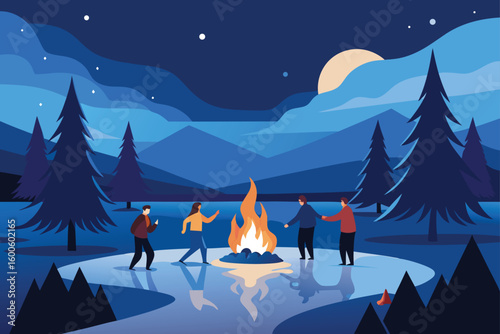 Group Camping Around Fire Winter Night Vector
