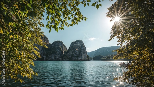Peaceful retreat with smooth stones and gentle leaves beside a calm water body
