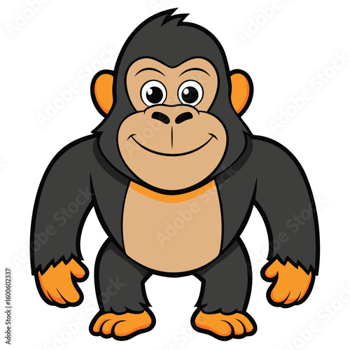 Smiling cartoon gorilla with orange accents stands happily looking forward on a white backdrop