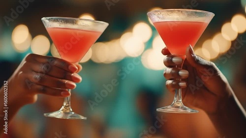 Cocktail toast to the celebration: A vibrant celebration unfolds as hands raise elegant glasses in a toast, filled with refreshing cocktails against a blurred background. 