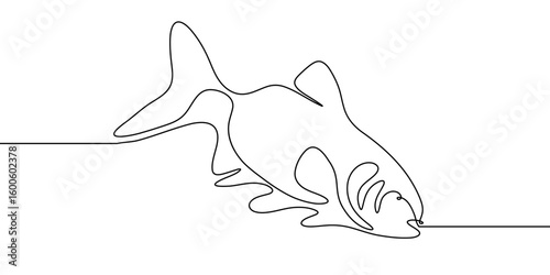 Fish line salmon drawing art icon continuous vector tuna trout seafood. Salmon line fish one outline simple hand illustration water type food hook linear sea fin pond day sketch silhouette logo ocean.