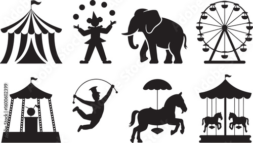 Carnival Fun Icons Set Silhouette Style Amusement Park Attractions and Entertainment