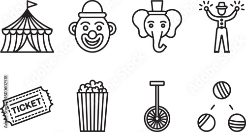 Circus Entertainment Icons Set Outline Style Amusement Park Show and Performance Elements