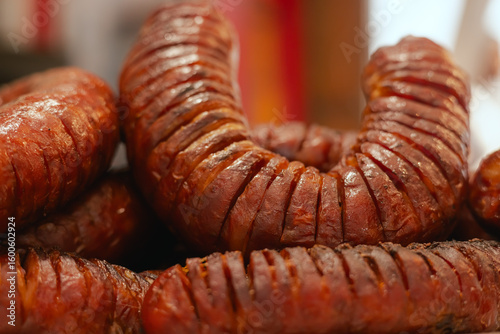 Grilled meat and sausages being served at a lively street festival during the Santos Populares celebration in Lisbon, Portugal. The traditional Portuguese food. Close up, soft focus. Part of a series