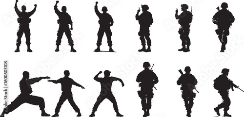 Victory Pose A soldier standing proudly, fist raised in triumph after completing a mission or objective. full length silhouette black vector illustration