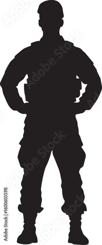 Soldier in Posture A full-length black vector of a soldier standing with feet together and body straight.
