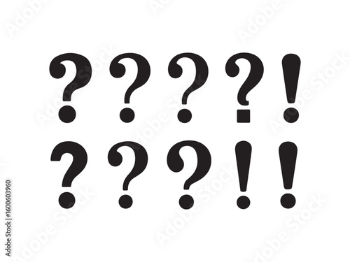 Collection of black question marks and exclamation points silhouette vector isolated on white background