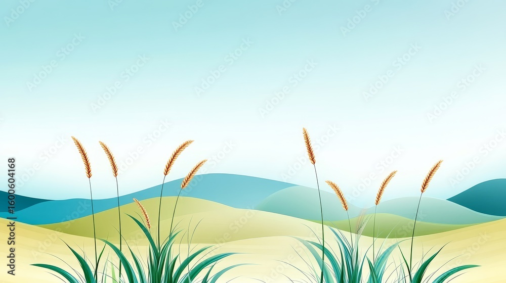 Obraz premium Serene Landscape with Grass and Hills - Tranquil of stylized grass and rolling hills under a clear sky. Perfect for nature, travel, or environmental themes