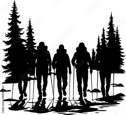 hiking, silhouette, group,  forest, pine trees, mountain vector bundle