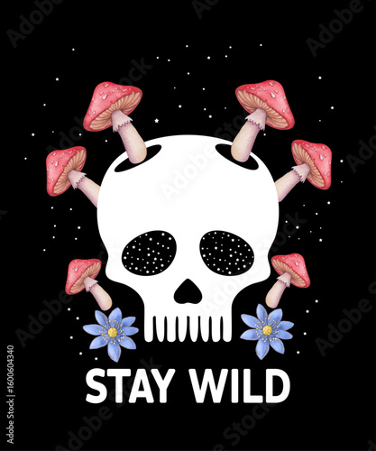 Stay Wild skull mushrooms svg, Style Human Skull Svg, Black White Svg, Skull Skelet svg, Forest Shirts Design, Nature Gifts Png, Adventure Design Png, Camping Art Png, Wild Spirit Png