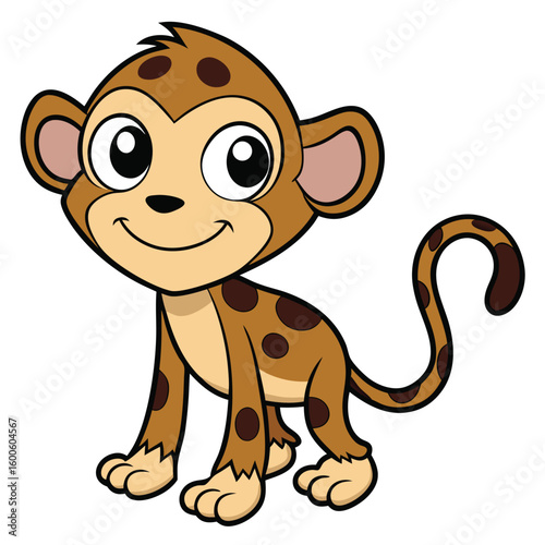 Playful cartoon monkey with brown spots confidently stands and smiles at the viewer