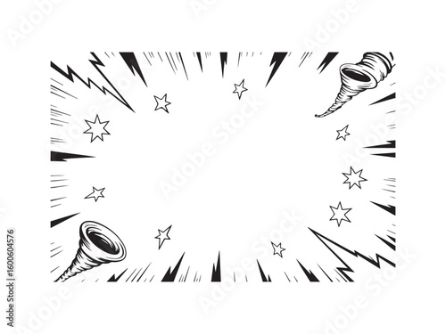 Comic book style tornado and lightning burst silhouette vector isolated on white background