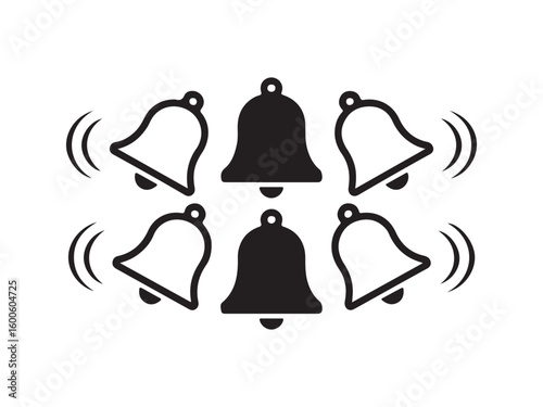  Five ringing bells arranged in a circle silhouette vector isolated on white background.