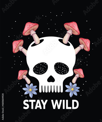 Stay Wild skull mushrooms svg, Style Human Skull Svg, Black White Svg, Skull Skelet svg, Forest Shirts Design, Nature Gifts Png, Adventure Design Png, Camping Art Png, Wild Spirit Png