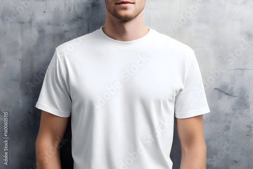 A man in a white t shirt standing against a gray textured wall in a studio setting showing the shirt .